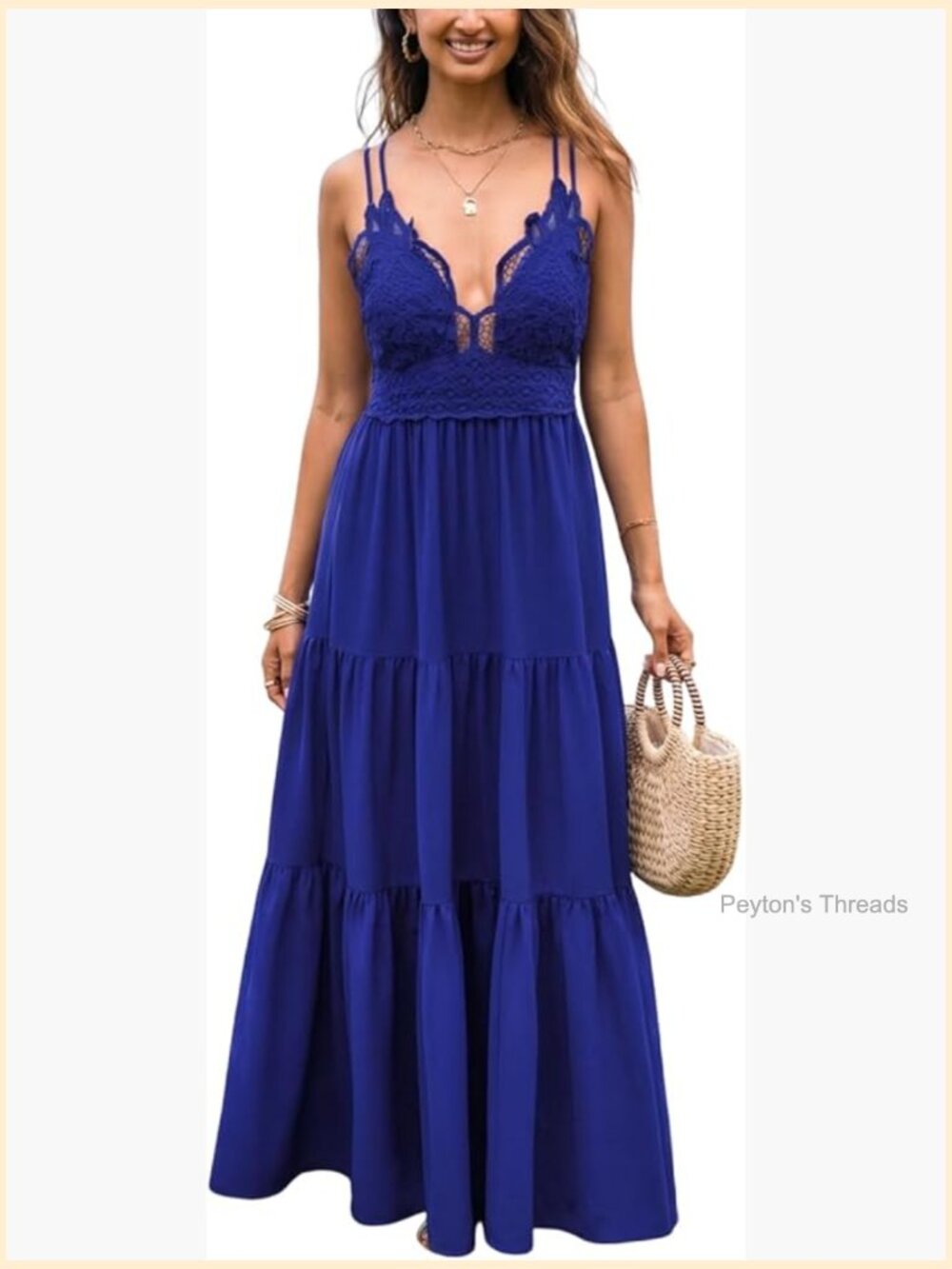 Maxi Dress Lace Cutout Plunge V Backless Cami Strap Tiered Ruffle Long Formal